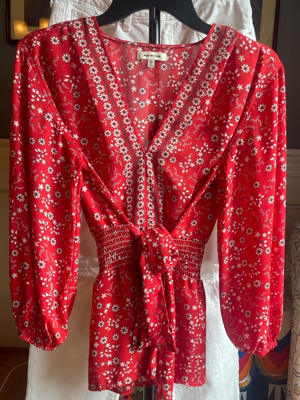 Max Studio Red Floral Wrap Blouse with Smocked Waist